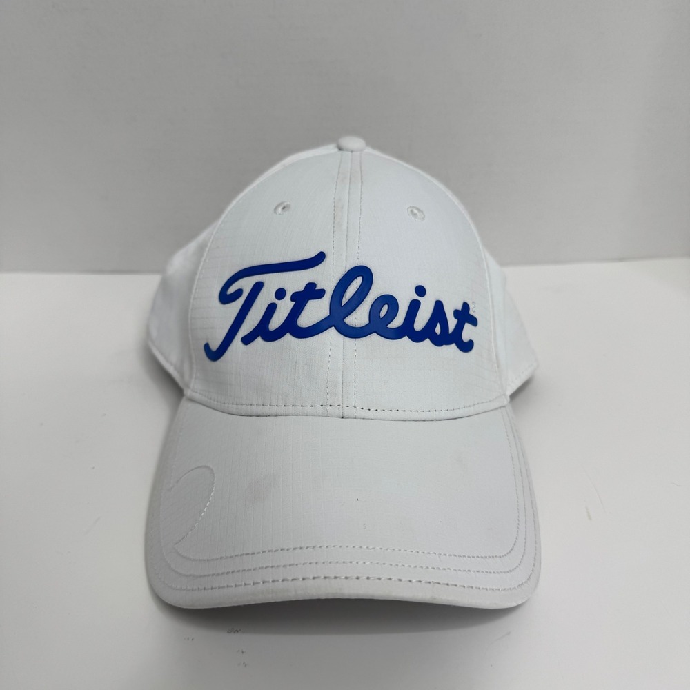 Titleist Golf Hat White Blue Raised Logo Adjustable Hook Loop Polyester Cap